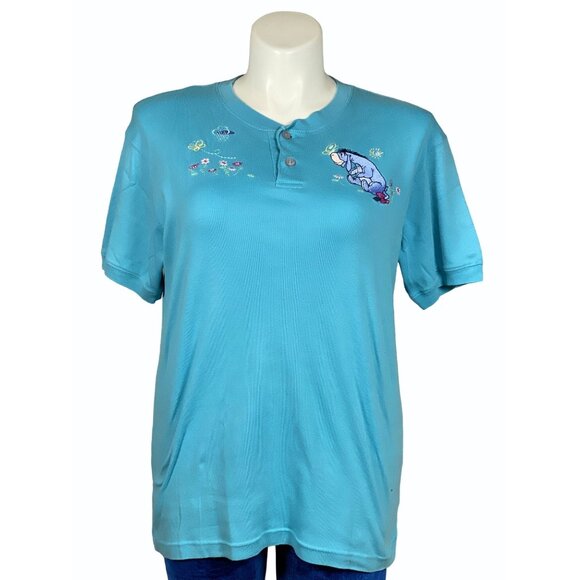 Vintage 90s Disney Store Eeyore Henley Shirt Medium Blue Short Sleeve Tee - Picture 1 of 7